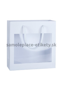 Papierová taška 23x9x23 cm s bavlnenými držadlami, biela s priehľadným plastovým oknom